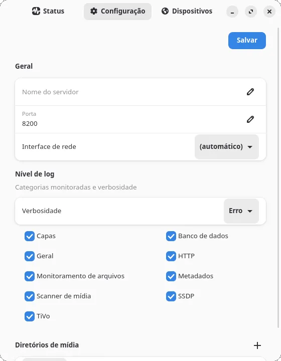 Configuration tab, with the minidlna.conf form