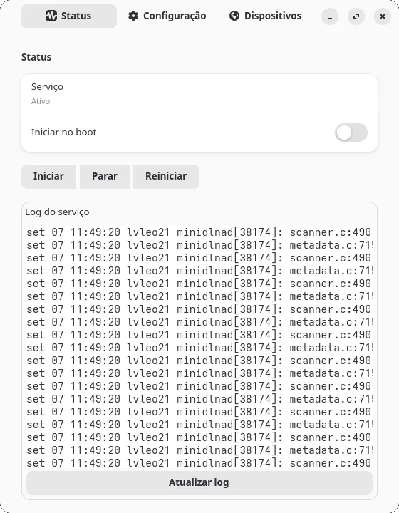 MiniDLNA Manager status tab, with the service state, the control buttons and the log